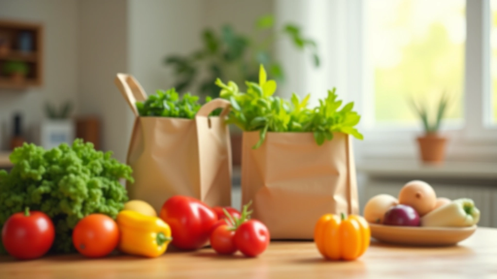 Courses alimentaires dans des sacs et paniers réutilisables, présentant un achat économique et responsable