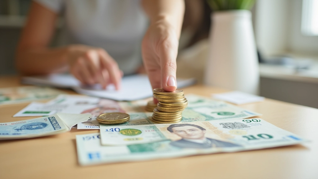 Pièces de monnaie et billets organisés pour montrer la gestion budgétaire