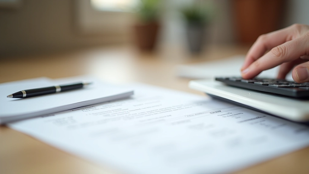 Piles de documents et calculatrice sur bureau pour comprendre les frais d'agence et caution